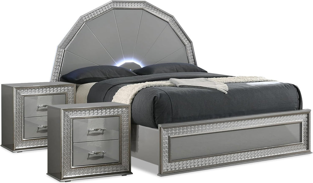 Furniture of America Santte Glam Solid Wood 3-Piece Bedroom Set with 7-Ray Headboard, Backlit LED, Metallic Scale Molding Trim, Felt-Lined Top Drawer, No Box Spring Needed, King, Metallic Gray