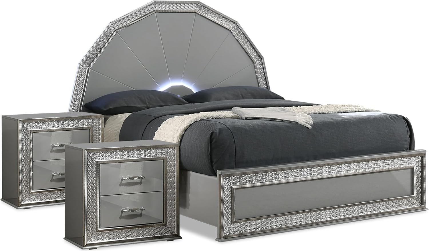 Furniture of America Santte Glam Solid Wood 3-Piece Bedroom Set with 7-Ray Headboard, Backlit LED, Metallic Scale Molding Trim, Felt-Lined Top Drawer, No Box Spring Needed, King, Metallic Gray