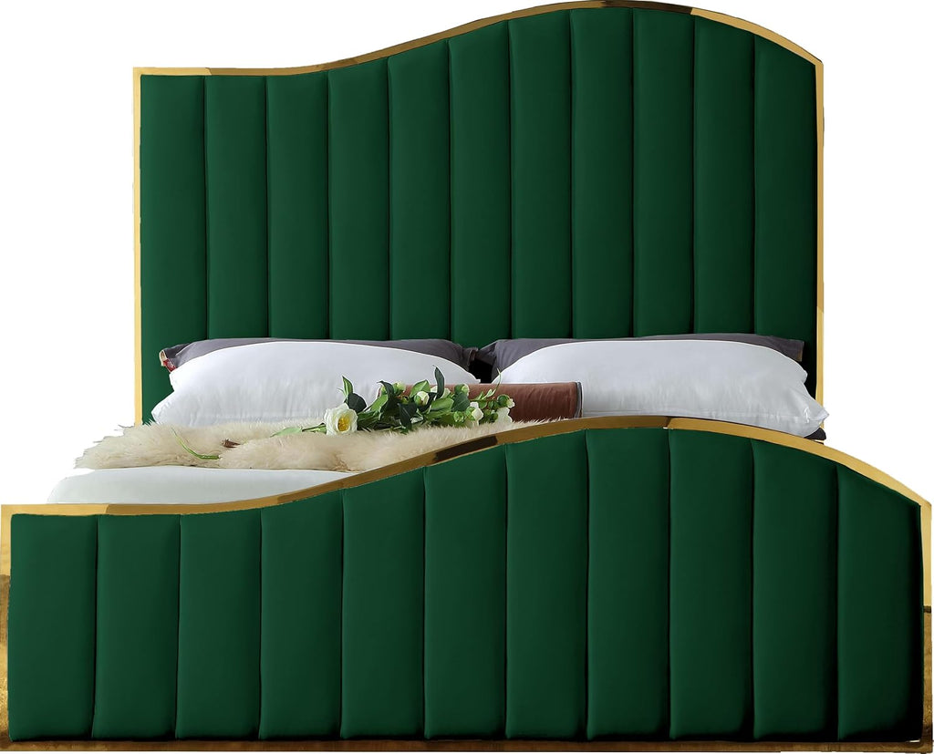 Meridian Furniture Jolie Collection Modern | Contemporary Velvet Upholstered Bed With Channel Tufting, And Polished Gold Metal Frame, Green, Queen