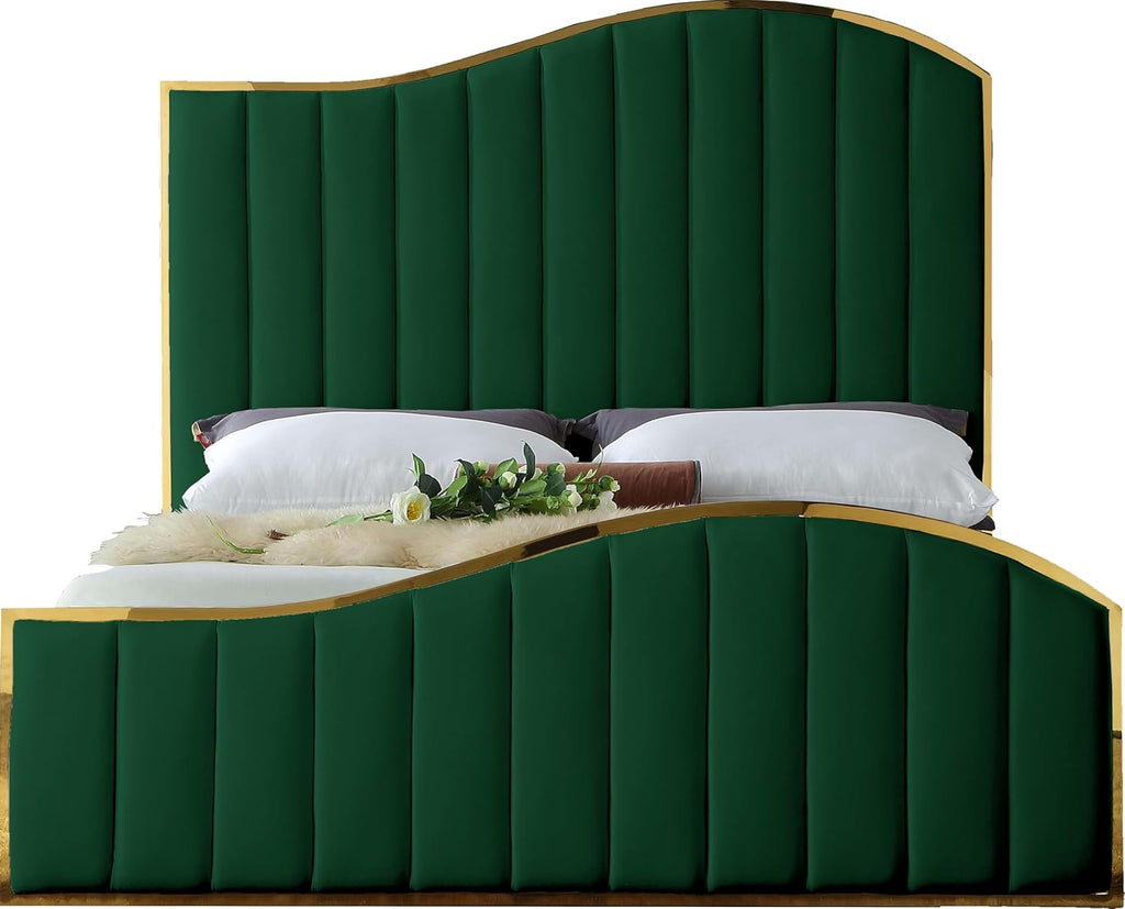 Meridian Furniture Jolie Collection Modern | Contemporary Velvet Upholstered Bed With Channel Tufting, And Polished Gold Metal Frame, Green, King