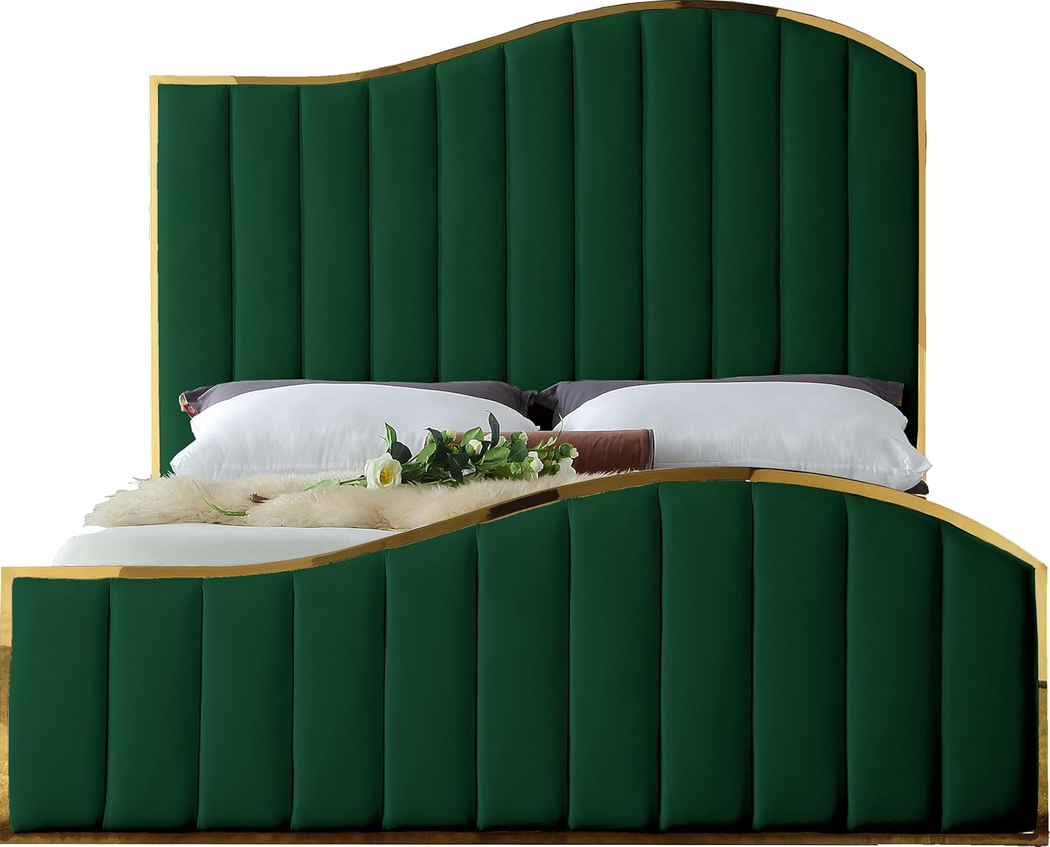 Meridian Furniture Jolie Collection Modern | Contemporary Velvet Upholstered Bed With Channel Tufting, And Polished Gold Metal Frame, Green, King