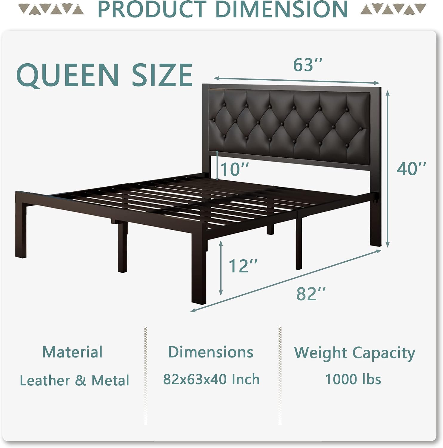 Feonase Queen Size Metal Bed Frame with Faux Leather Button Tufted Headboard, Heavy-Duty Platform Bed Frame with 12' Storage, Steel Slats Support, No Box Spring Needed, Noise Free, Black