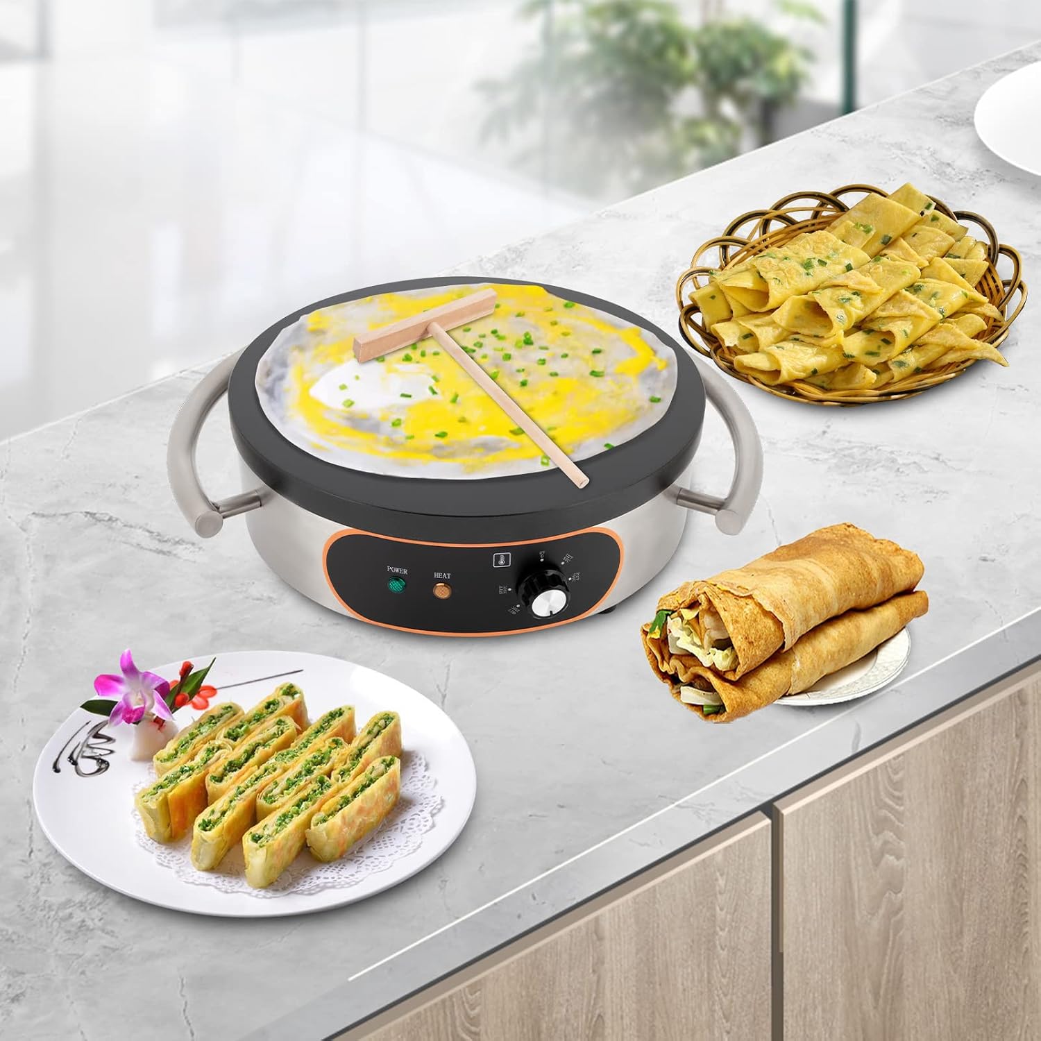 16Inch Electric Crepe Maker Pancake Maker, 1500W Stainless Steel Non-stick Pan Griddle Machine, 50℃-300℃ Adjustable Temperature, Electric Single Pan Crepe Maker for Kitchen, Snack Stall