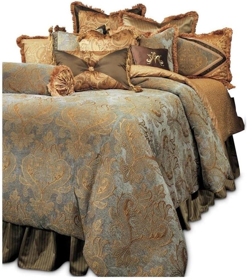 Michael Amini Elizabeth Blue Comforter Set 13-Piece King with Rayon and Polyester Face, Polyester Jacquard Back, Soft Breathable Bedding for Luxurious Bedroom Comfort and Style