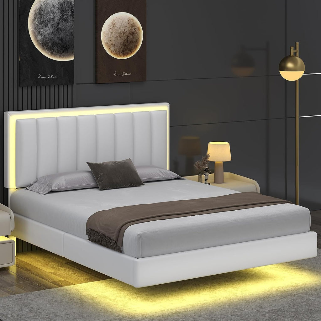 IMMERSTABLE Full Size Floating Bed Frame with LED Lights, Upholstered Platform Bed with Headboard, 11 in Storage Clearance, Solid Wood Slats, No Box Spring Needed, Easy Assembly, White