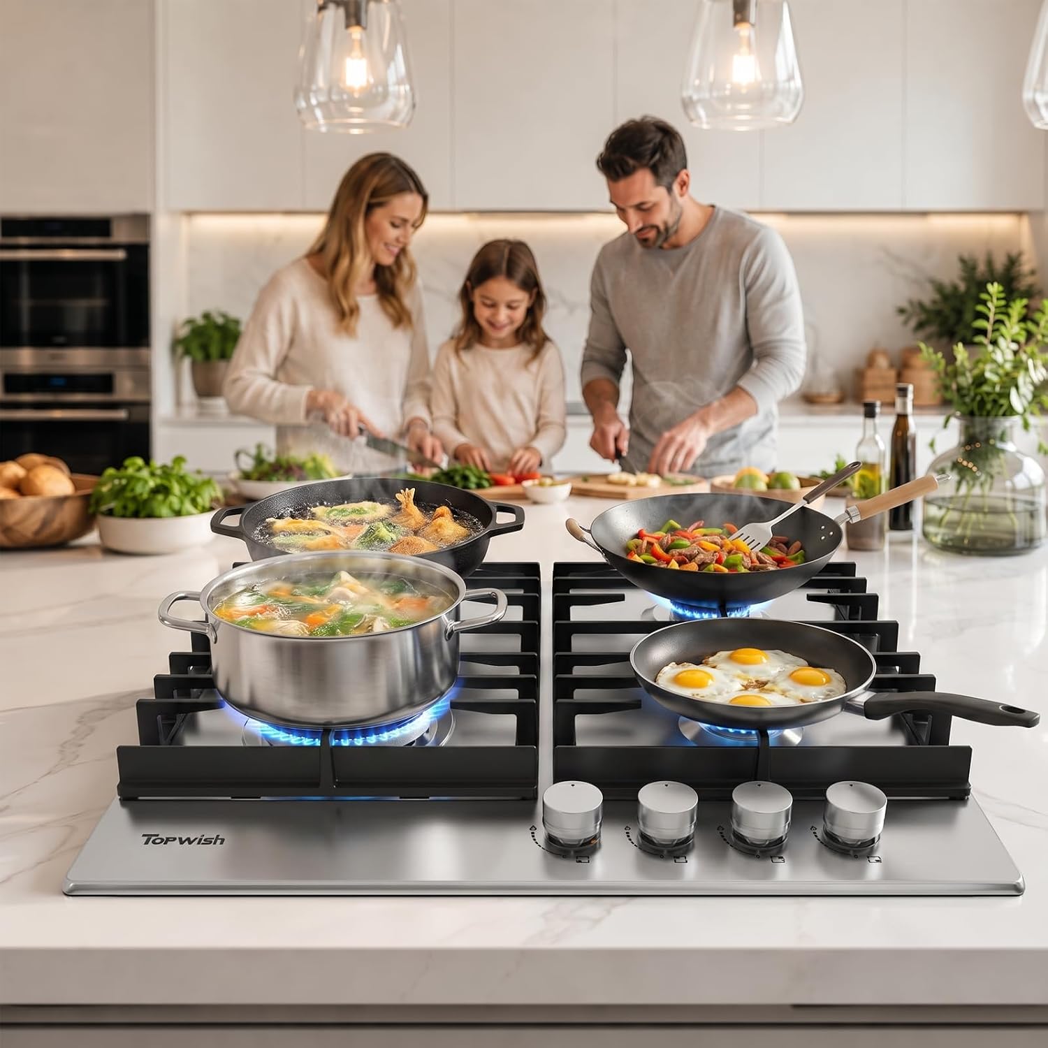 TOPWISH 24 Inch Gas Cooktop, Propane Stove Top with 4 Burners 27,400 BTU, NG/LPG Convertible Built-in Stainless Steel Stovetop with Thermocouple Protection for Kitchen, Apartments, RV