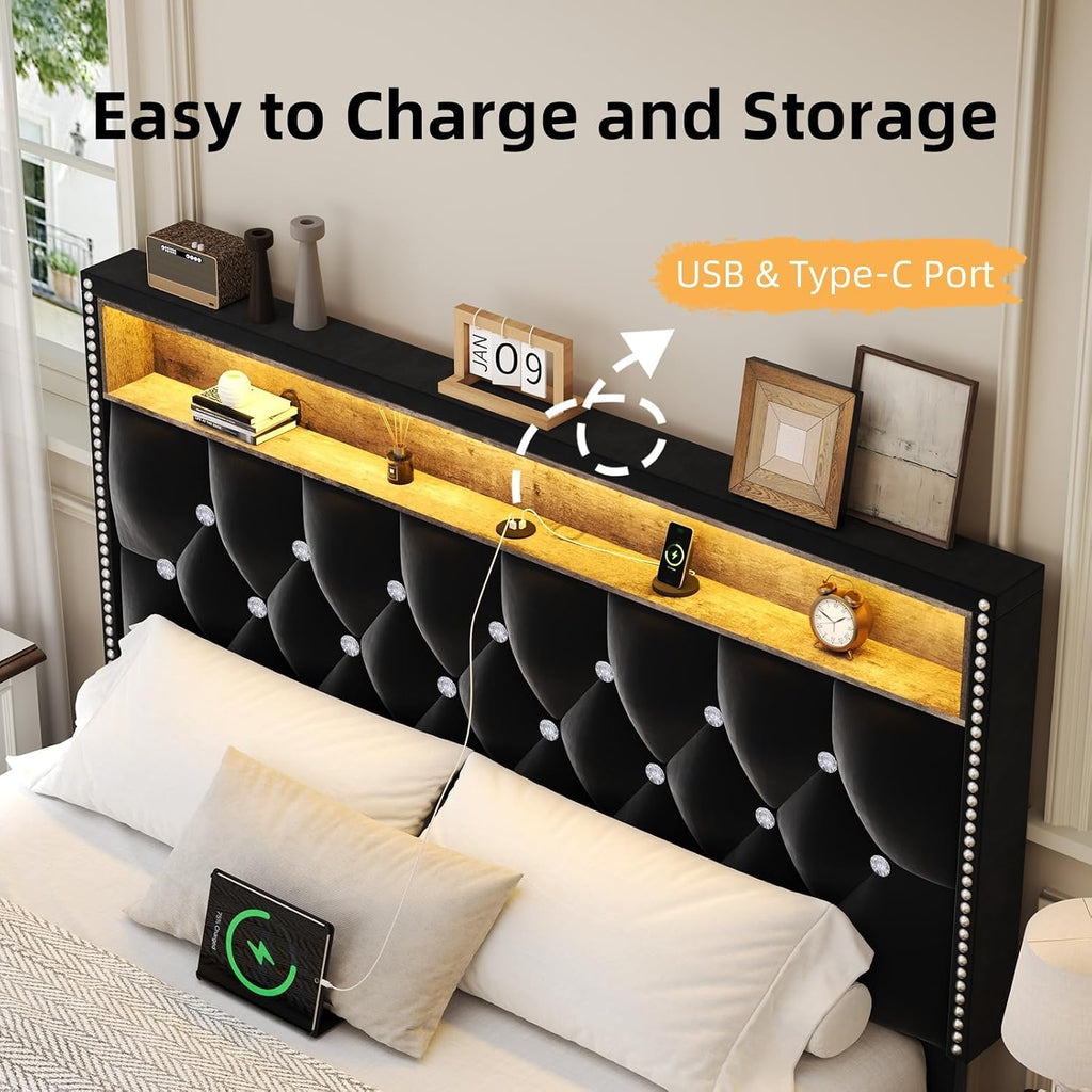 HOMBCK Queen Size Bed Frames with LED Lights and Headboard, Velvet Upholstered Beds Frames Queen with Charging Station and Storage, Modern Diamond and Rivet Design, No Box Spring Needed, Black