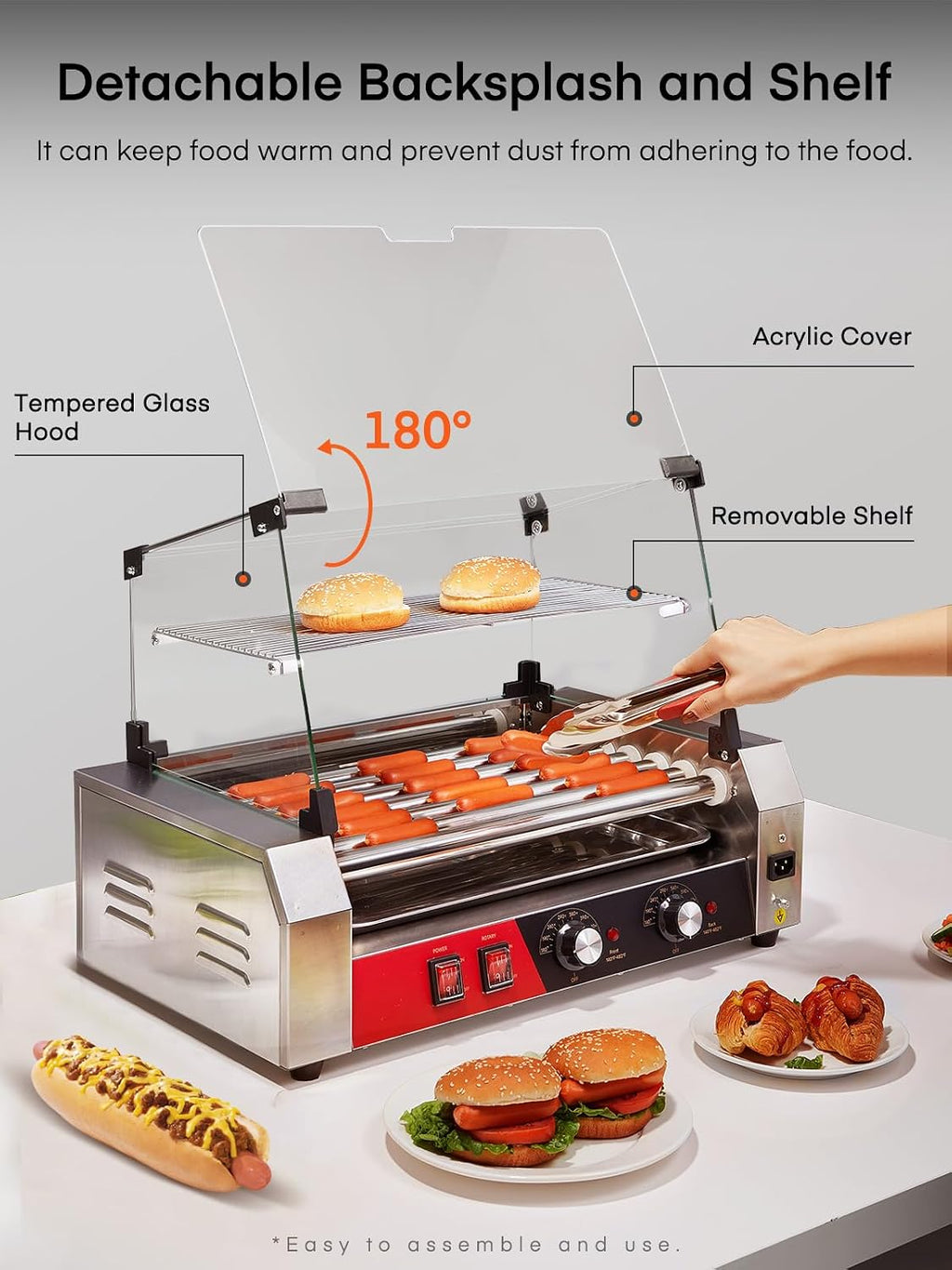 HOUSNAT Hot Dog Roller, 7 Rollers 18 Hot Dog Capacity,1050W Stainless Steel Hot Dog Machine with Bun Shelf, Drip Tray, Glass Cover & Dual Temp Control for for Kitchen, Party, and Canteen Use