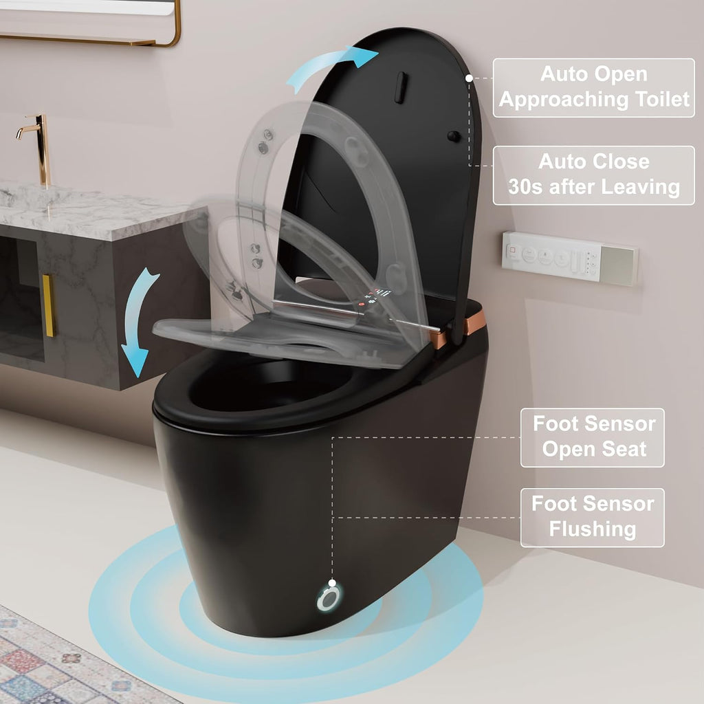 Smart Toilet - Auto Open/Close, One Piece Elongated Design, LED Display Comfort Height Toilet, Foot Sensor Flush, Auto Flush System, Heated Seat, Night Light for Modern Bathroom