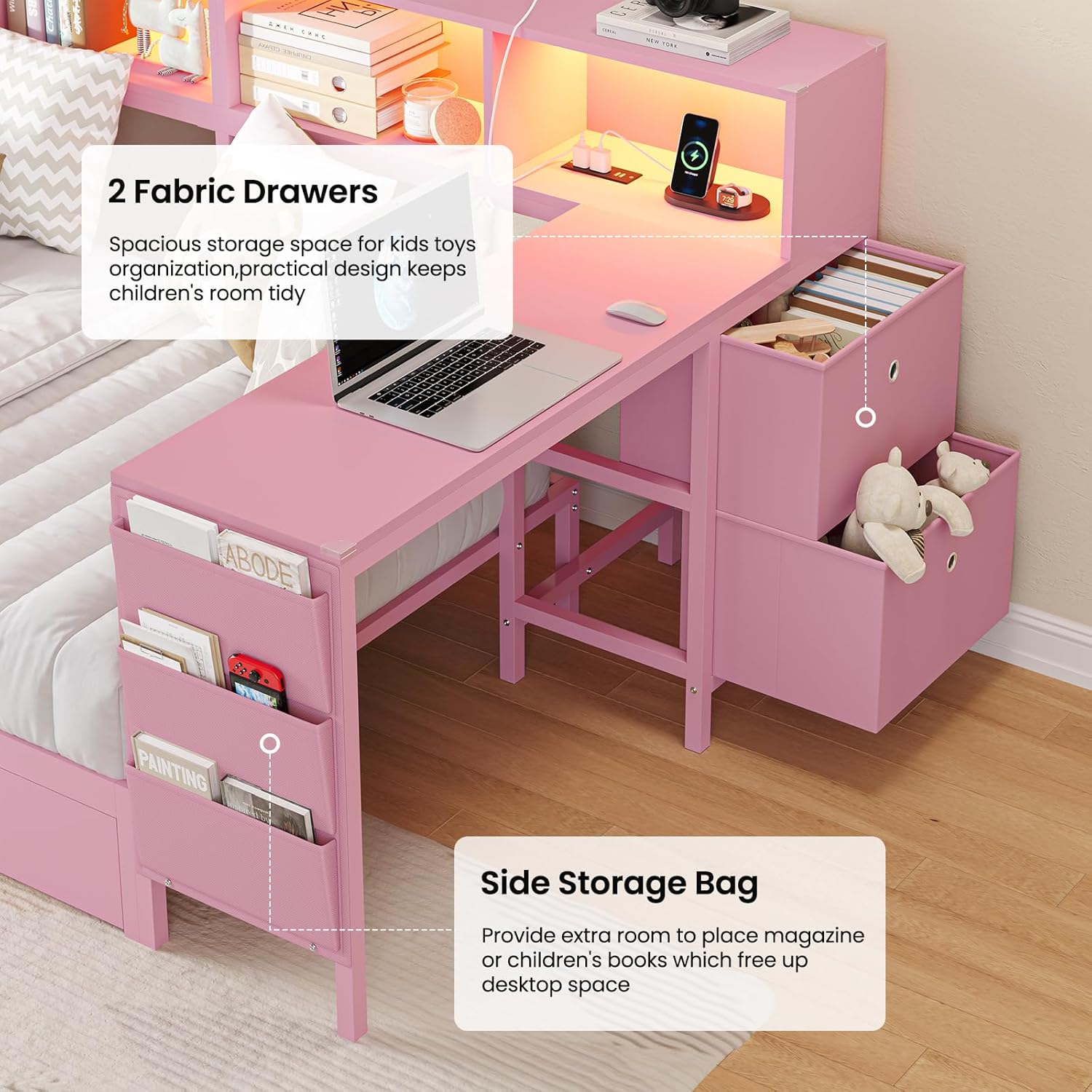 DICTAC Corner Twin Bed Frame with Desk,Charging Station and Bookcase Storage Pink Bed Frame for Girls with Storage Drawers and Led Lights Twin Size Daybed with Open Shelves,No Box Spring Needed