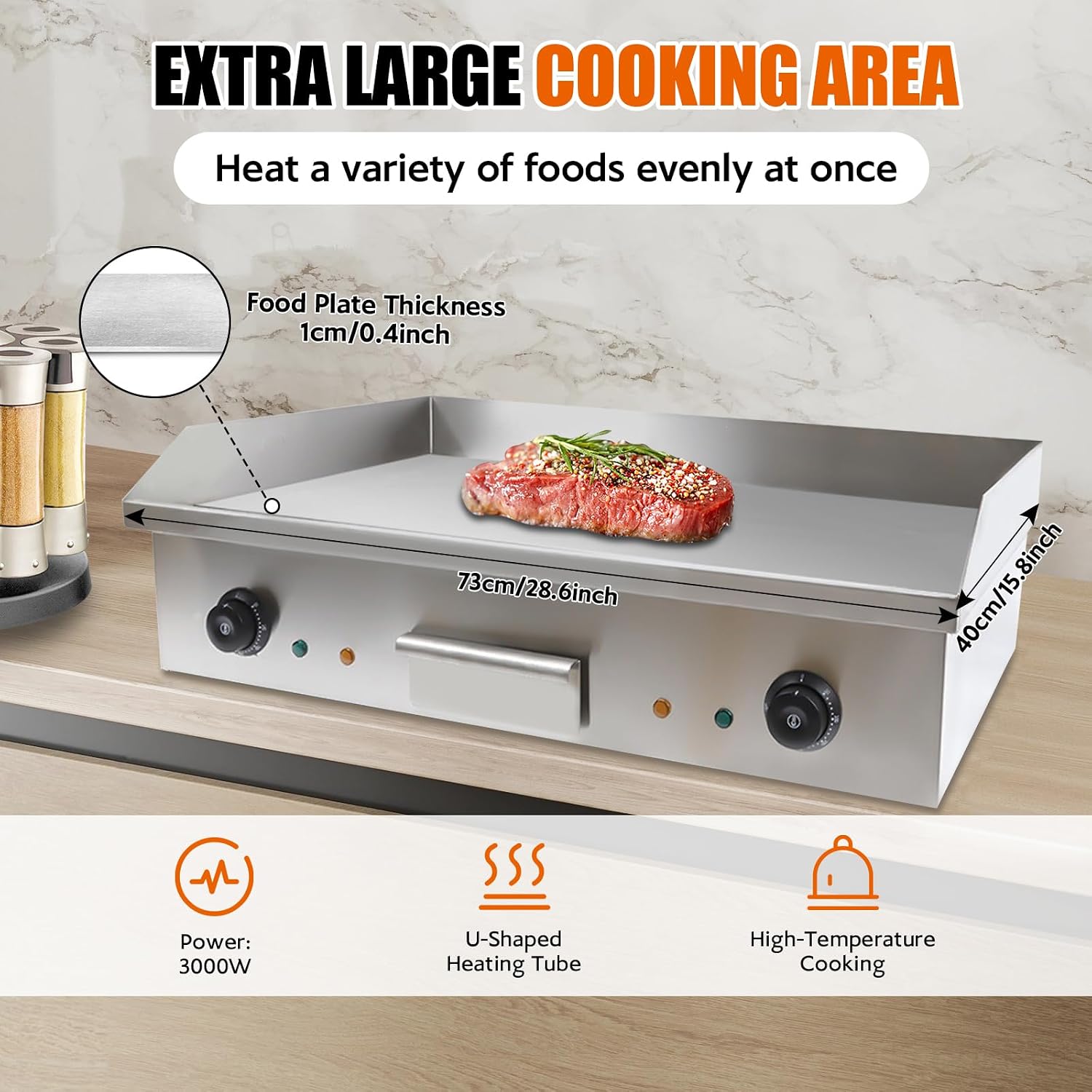 28'Commercial Electric Griddle, 3000W Countertop Flat Top Griddle, 110V Non-Stick Commercial Restaurant Grill Stainless Steel Body, 122-572℉ Adjustable Temp Control for Restaurant Kitchen