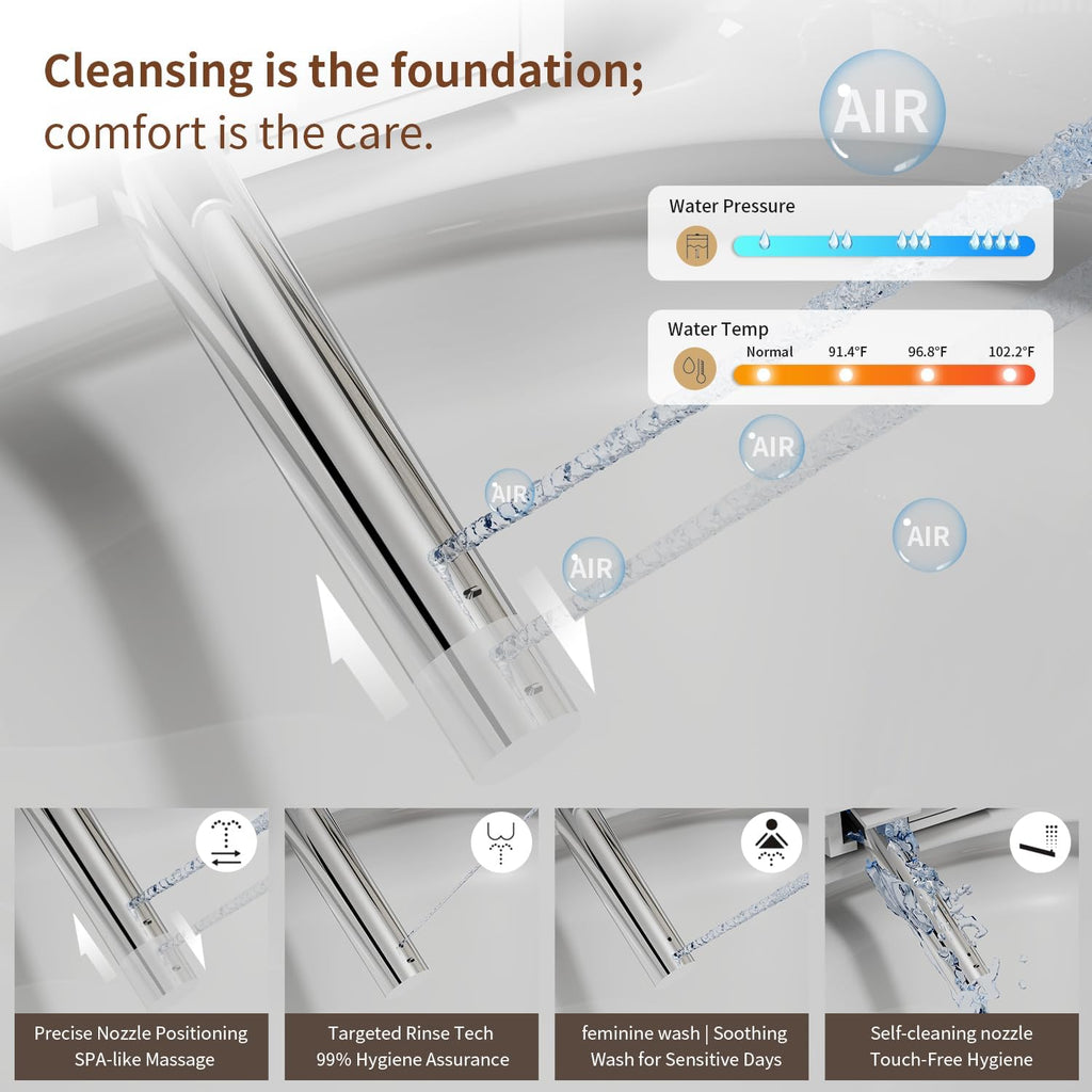 Smart Toilet Bidet with Foot Sensor Open Cover,Seat, Self Cleaning Nozzle, LED Display, Three Level Heated Seat,Airflow, Night Light, Knob Control, Soft Close, Auto Flush, with Remote Control