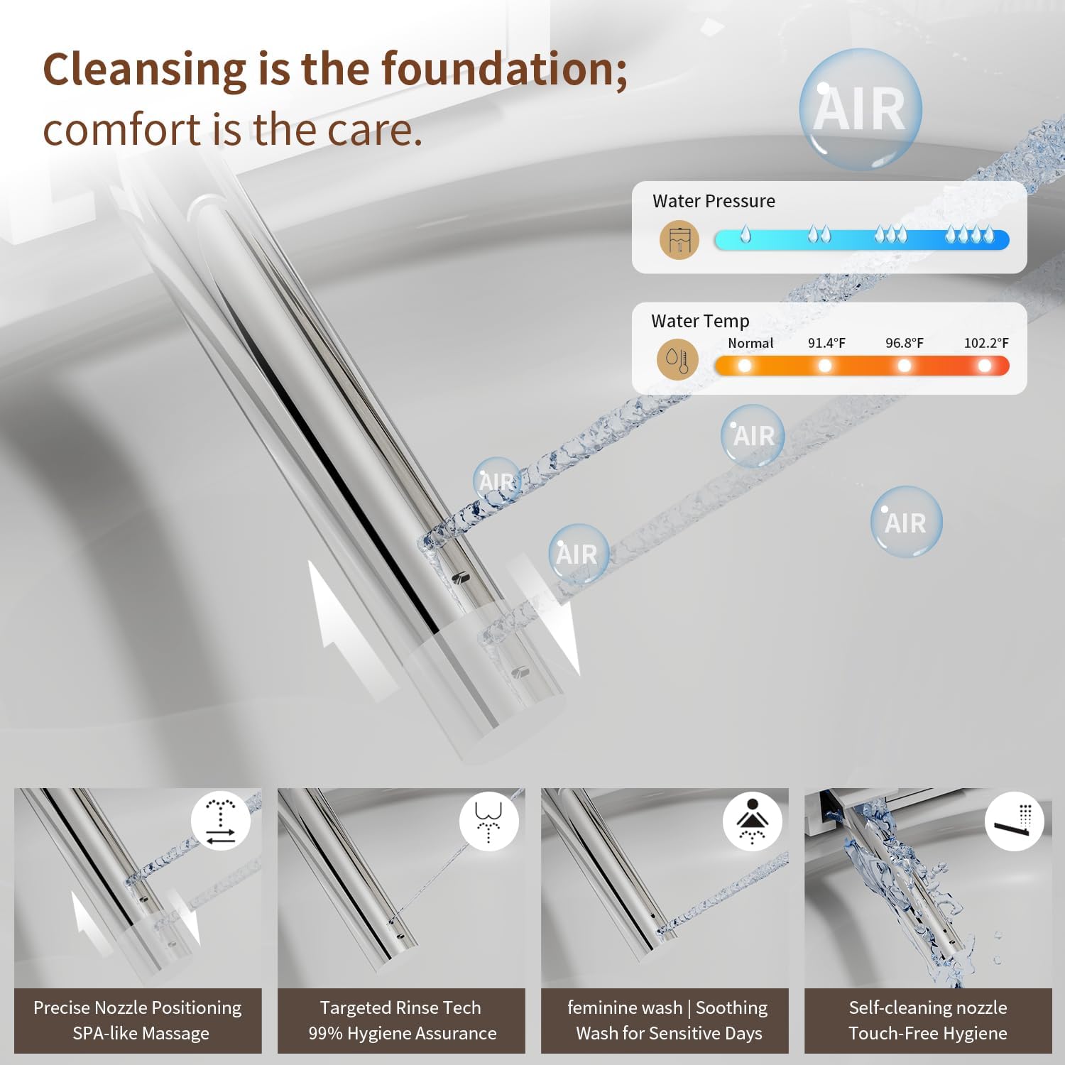 Smart Toilet Bidet with Foot Sensor Open Cover,Seat, Self Cleaning Nozzle, LED Display, Three Level Heated Seat,Airflow, Night Light, Knob Control, Soft Close, Auto Flush, with Remote Control