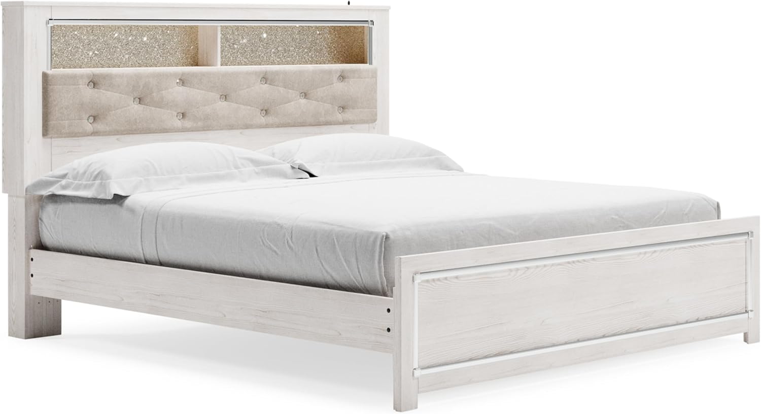 Signature Design by Ashley Altyra Modern King Tufted Panel Bookcase Bed, Foundation or Box Spring Not Needed, White