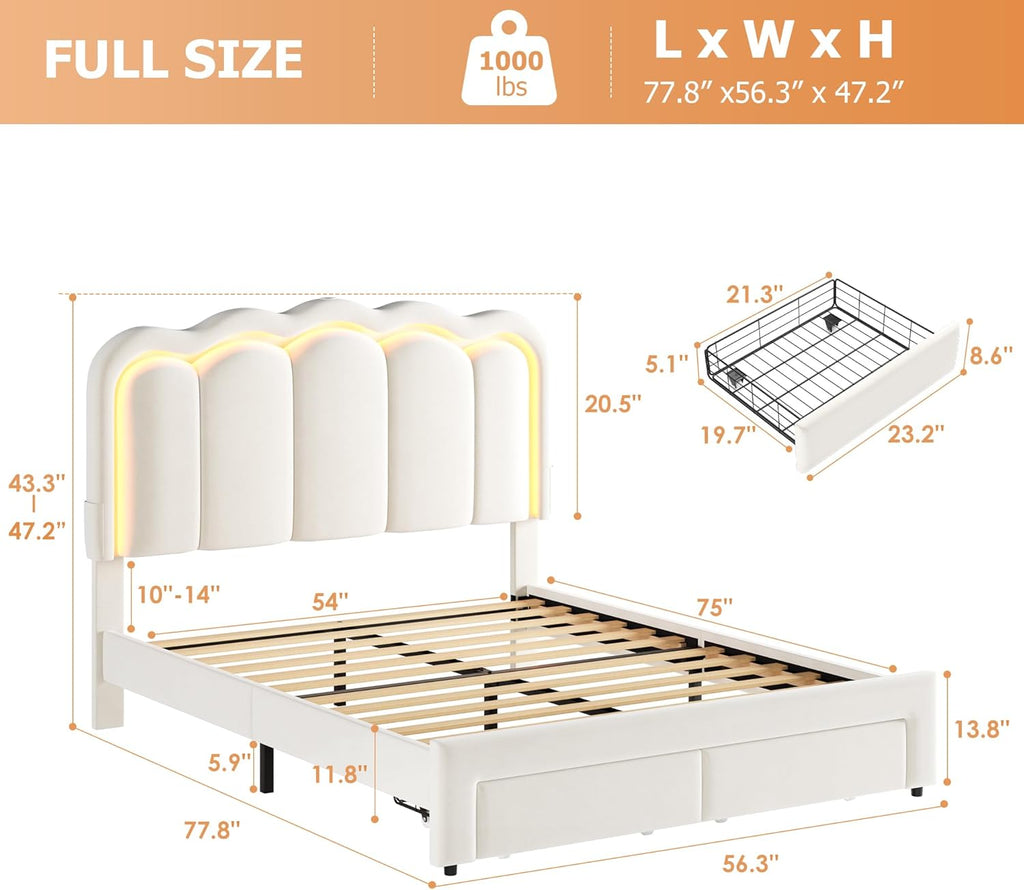 Velvet Upholstered Full LED Bed Frame with 2 Storage Drawers and Adjustable Chic Double Wavy Headboard, Princess Platform Bed with Charing Station, Solid Wood Slats Support,No Box Spring Needed,Beige