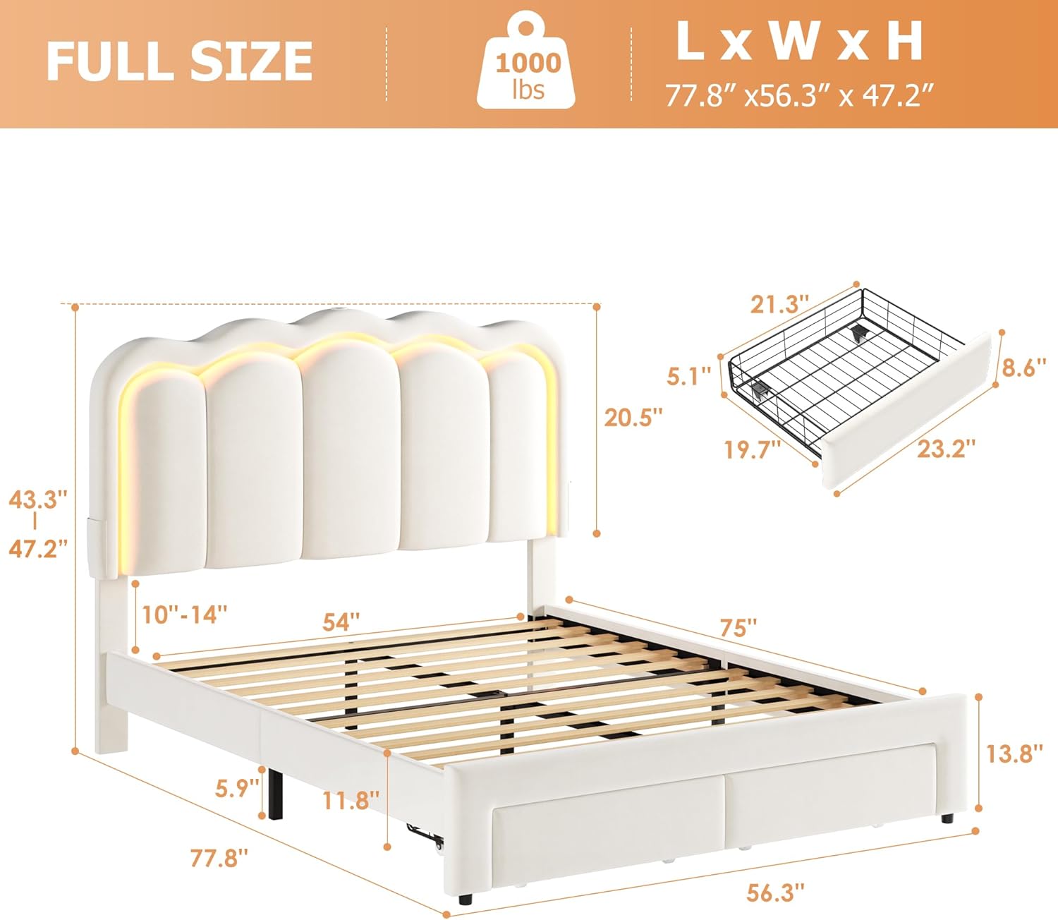 Velvet Upholstered Full LED Bed Frame with 2 Storage Drawers and Adjustable Chic Double Wavy Headboard, Princess Platform Bed with Charing Station, Solid Wood Slats Support,No Box Spring Needed,Beige