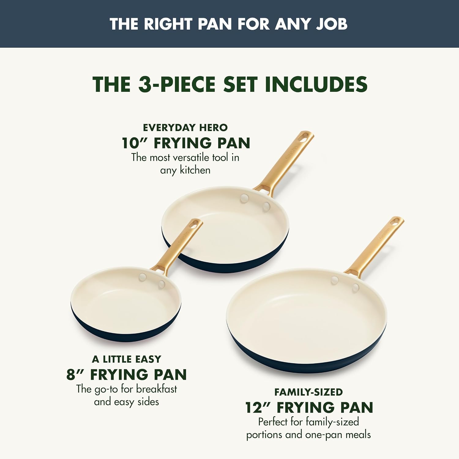 GreenPan Hard Anodized Healthy Ceramic Nonstick 8' 10' and 12' 3 Piece Frying Pan Skillet Set, Gold Handle, Induction, PFAS-Free, Dishwasher Safe, Oven Safe, Twilight Blue
