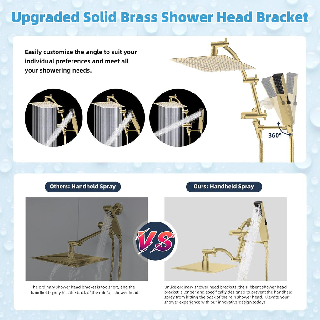 Hibbent All Metal CUPC Certified 10'' Rain Shower Head, Dual Shower Head Combo, High Pressure Handheld 4 Sprays Shower Wand, 16'' Adjustable Extension Arm, 71'' Hose, Shower Holder, Brushed Gold
