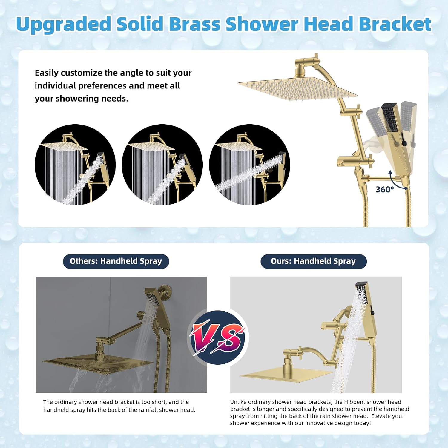 Hibbent All Metal CUPC Certified 10'' Rain Shower Head, Dual Shower Head Combo, High Pressure Handheld 4 Sprays Shower Wand, 16'' Adjustable Extension Arm, 71'' Hose, Shower Holder, Brushed Gold