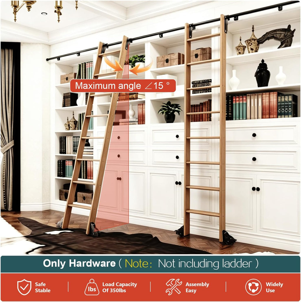 10FT Sliding Library Ladder Hardware Kit,Black Telescopic Top Hook,Bottom Wheel with Brake,MAX Load 300lbs,No Ladder