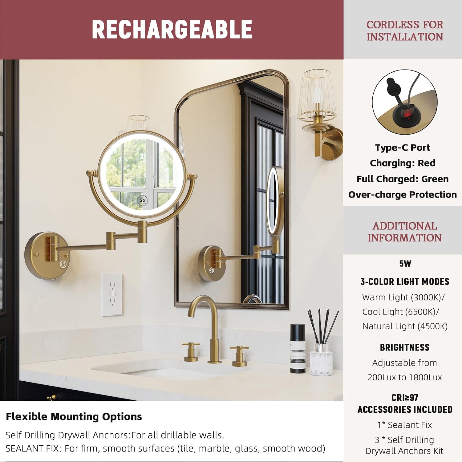 8' Rechargeable Brass 1X/5X Makeup Magnifying Mirror Wall Mount with Light, Upgraded 3-Colors Bright LED Touch Dimmable Extended Arm 360 Rotation for Bathroom, Brushed Modern Brass