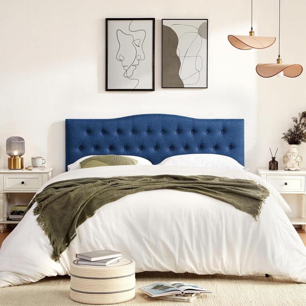Huatean Home Tufted Upholstered Headboard King Size, Sturdy & Durable Solid Wood Bed headboard, Fabric Headboard Adjustable Height from 37' to 51', Modern Button Diamond Design Head Board, Blue