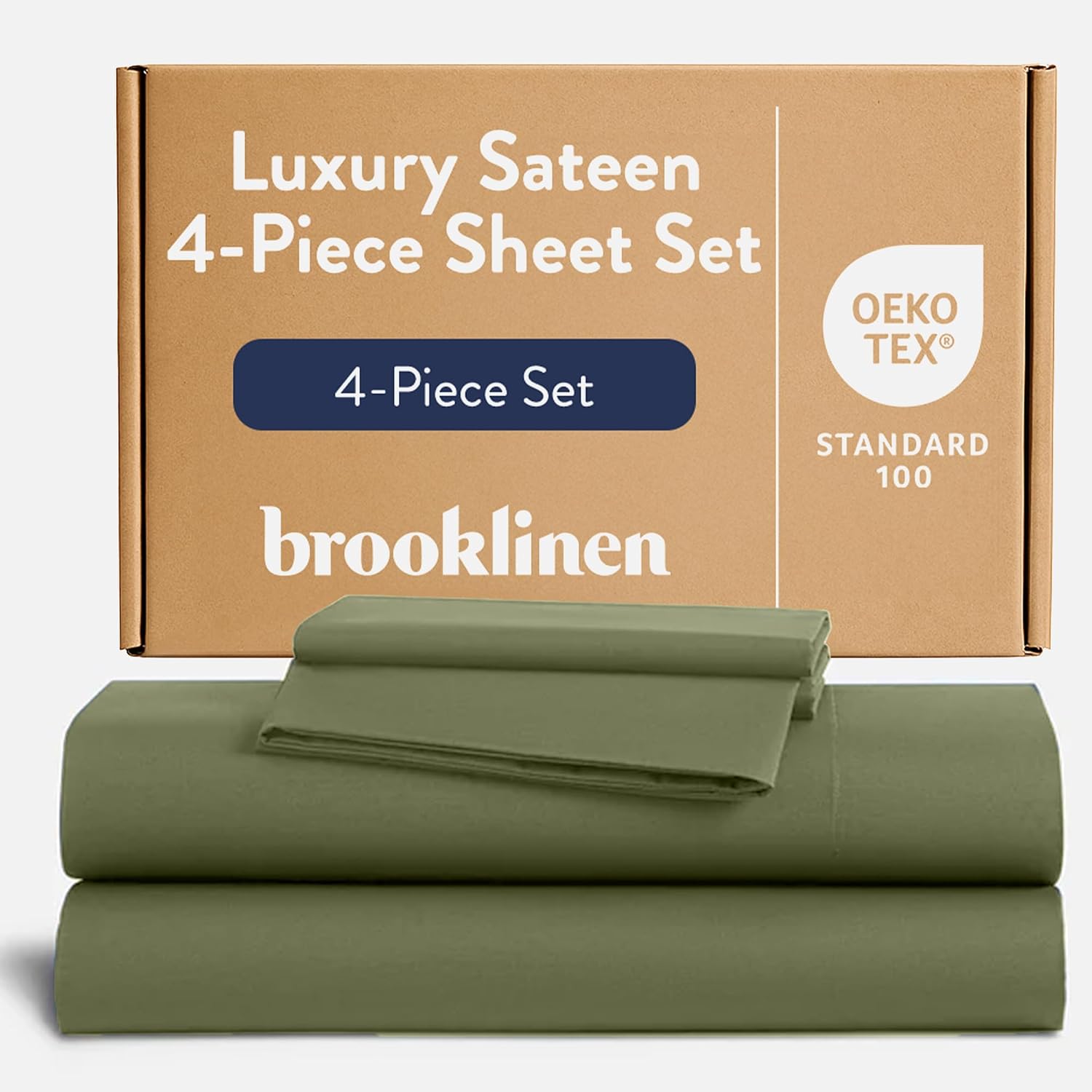 Brooklinen Luxury Sateen 4 Piece Sheet Set - 100% Cotton Bed Sheets, Soft & Durable Twin XL Sheet Set in Fresh Moss, Oeko-TEX Certified Bedding Set, 1 Fitted Sheet, 1 Flat Sheet, 2 Pillowcases
