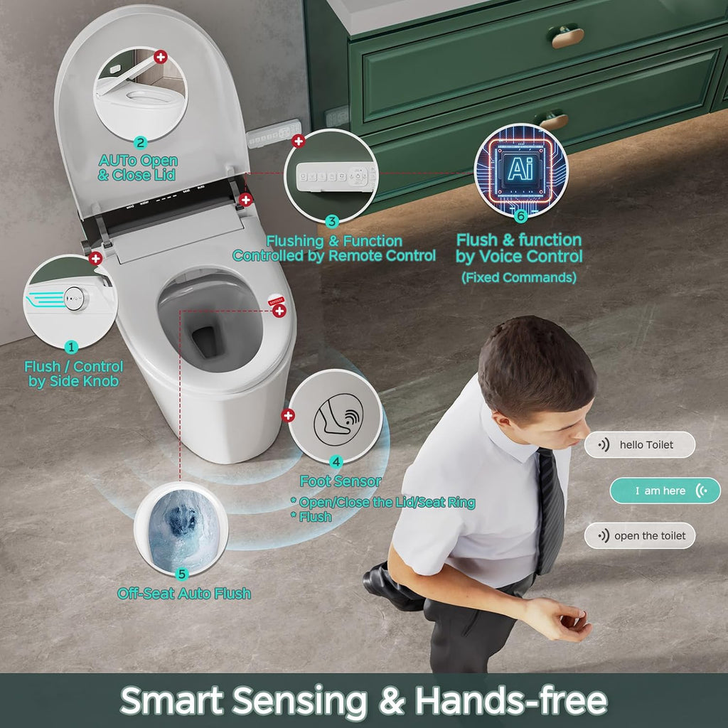 Smart Toilet with Bidet Built In ADA Height 17.7', 1.28GPF Power Flush, One Piece Bidet Toilet Design with Heated Seat, Voice Control, Remote Control, Foam Shield, Tankless Modern Toilet BSJ