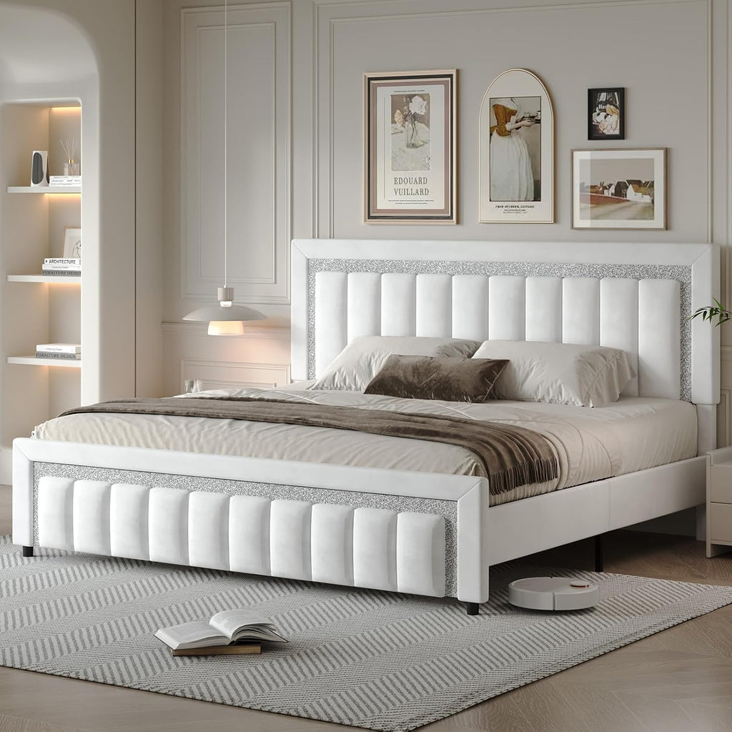 HOMBCK King Size Bed Frame with Diamond Velvet Headboard, Upholstered Bed Frame King with Wooden Slats Support, No Box Spring Needed, Noise Free, Easy Assembly, White