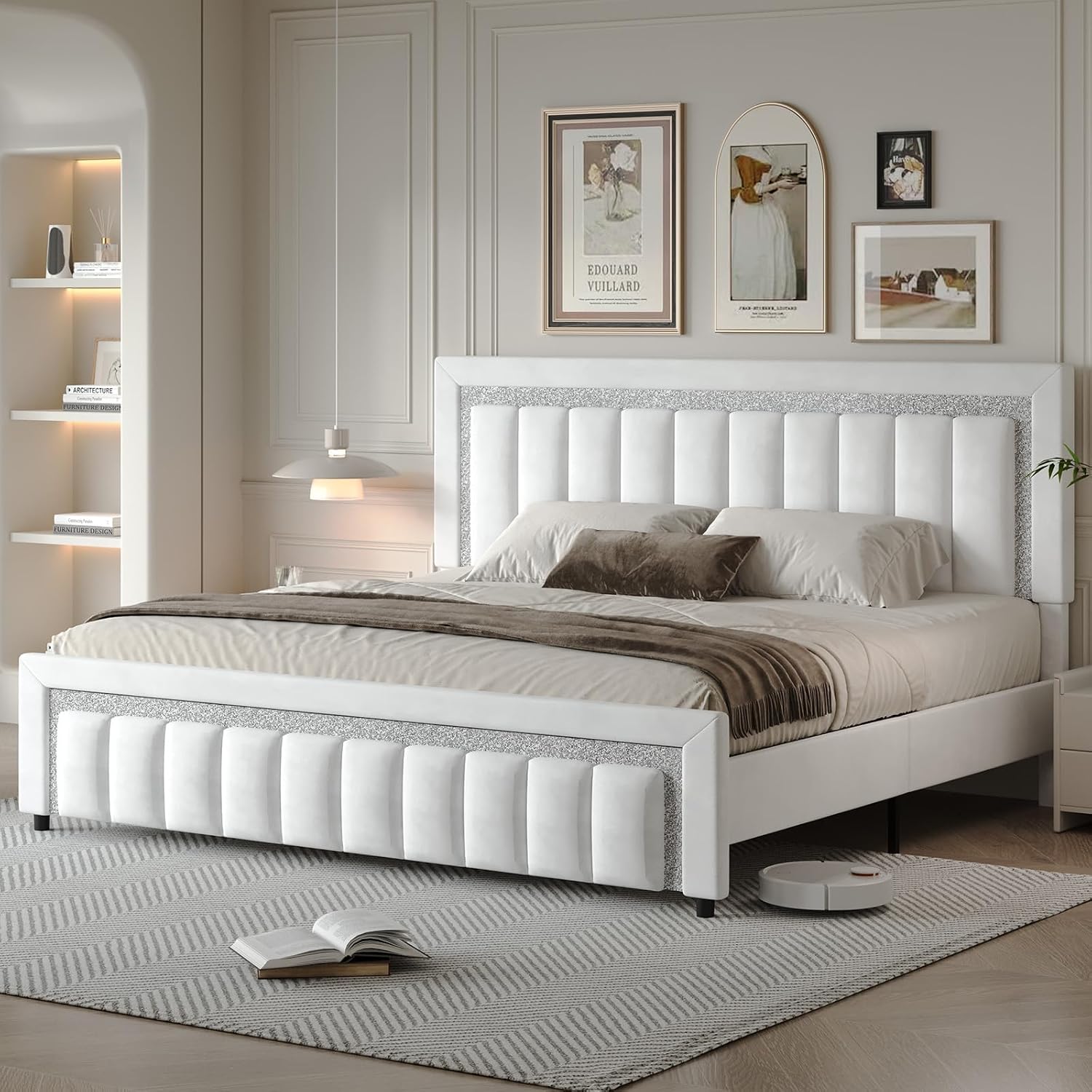HOMBCK King Size Bed Frame with Diamond Velvet Headboard, Upholstered Bed Frame King with Wooden Slats Support, No Box Spring Needed, Noise Free, Easy Assembly, White