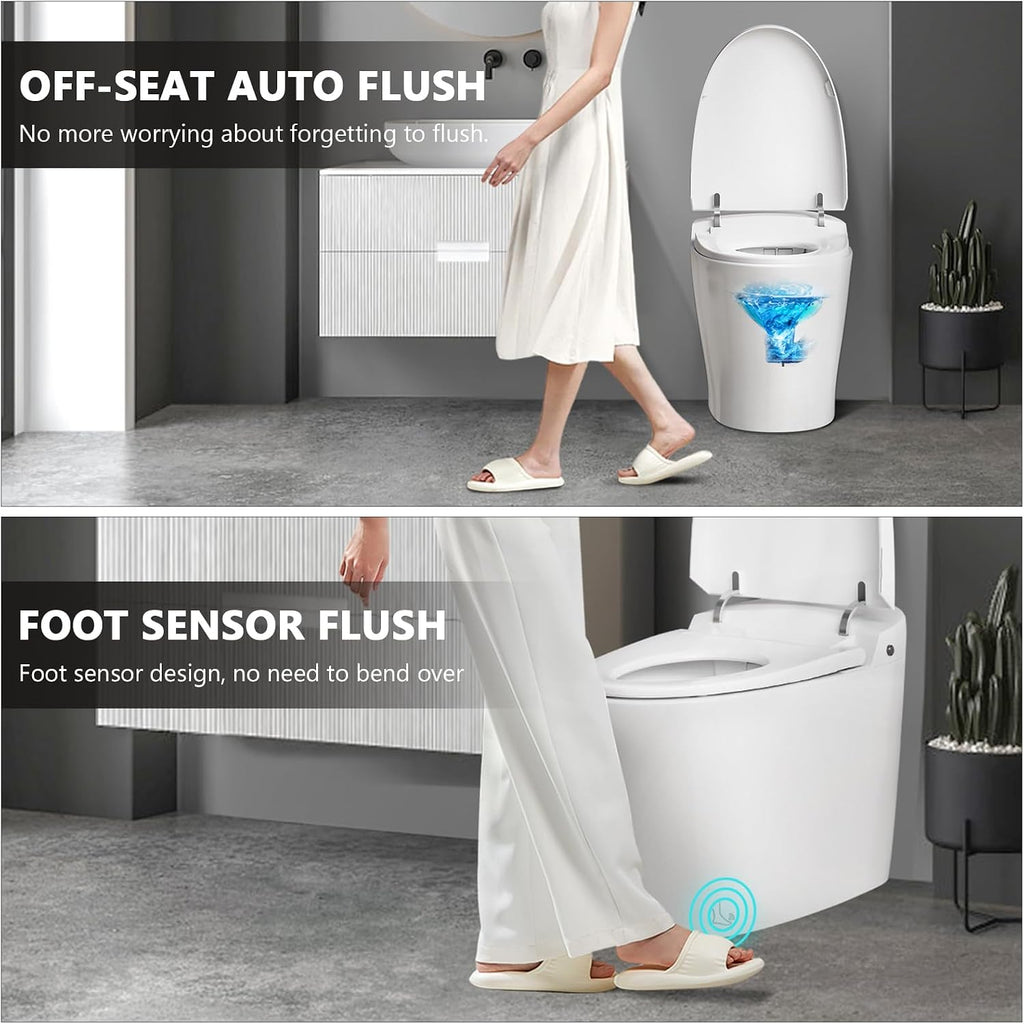 Smart Toilet, Tankless Bidet Toilet With Heated Bidet Seat, Foot Sensor, Dual Auto Flush, Manual Open & Close, Light, Remote Control, Modern Elongated Toilet for Bathroom