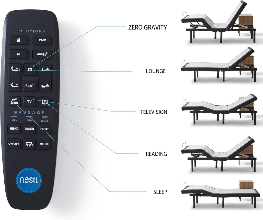 Nestl Adjustable Bed Frame - 2nd Generation - Adjustable Massage Twin XL Bed Frames with Wireless Remote, Head & Foot Massage, Zero Gravity, Fast & Easy Assembly, USB Ports, Under Bed LED Lighting