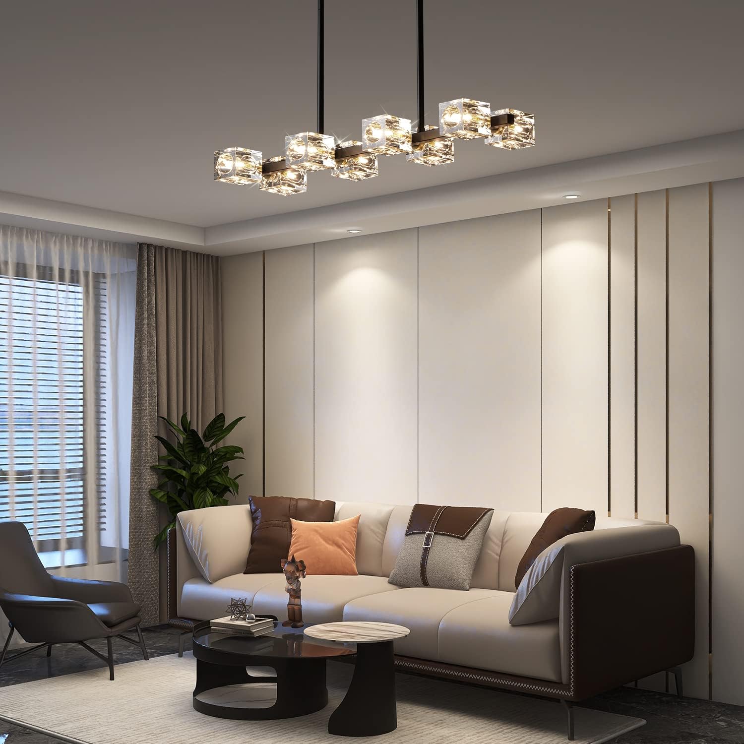 Modern Crystal Chandelier for Dining Room,Black and Gold Pendant Lights Fixture with 8-Lights,Adjustable Height Hanging Ceiling Light for Kitchen Island,Bedroom,Over Table,Living Room