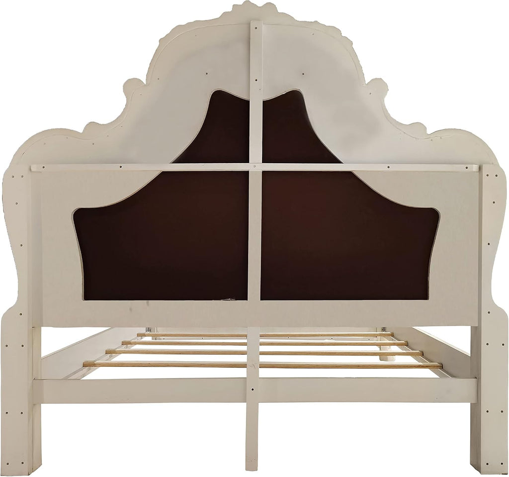 Acme Dresden Wooden Bed with Faux Leather Upholstery in Bone White