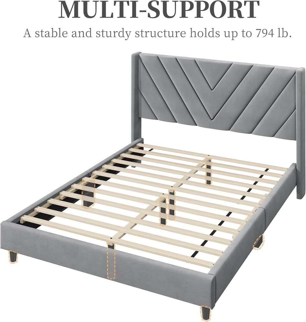 Yaheetech Queen Bed Frame Upholstered Platform Bed/Wooden Slat Support/Tufted Headboard with Wing Side/Mattress Foundation/No Box Spring Needed,Light Gray Queen