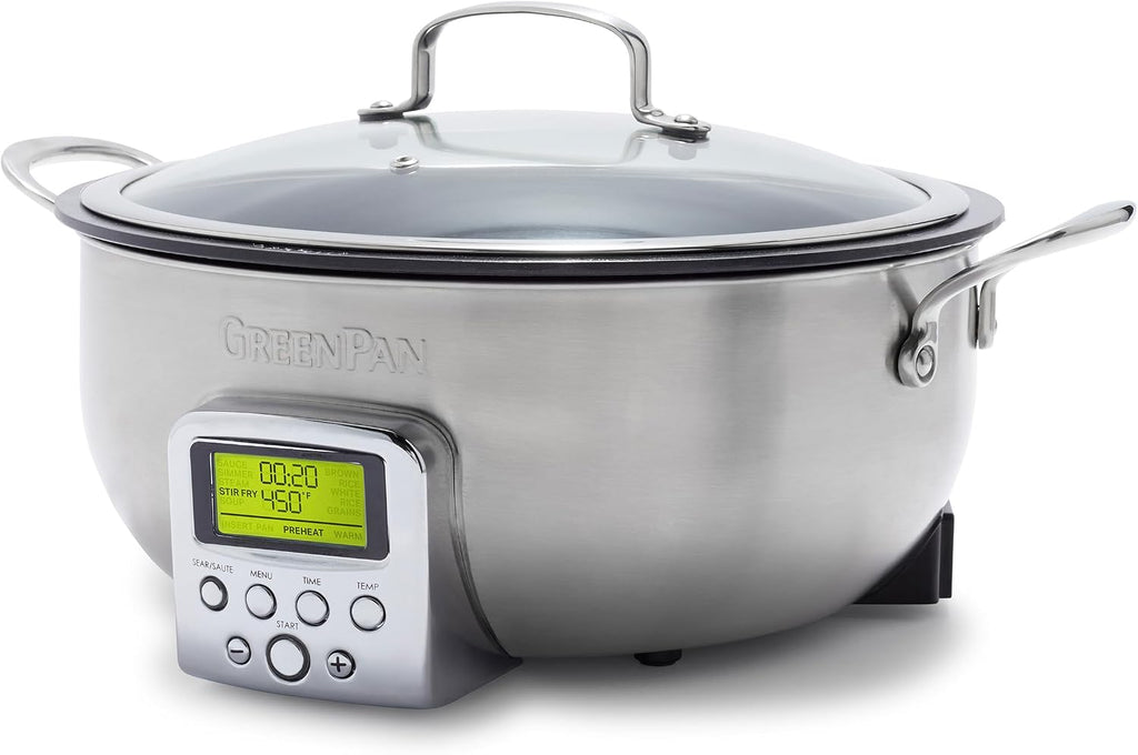 GreenPan Elite 6QT Electric Skillet, Sear Saute Stir-Fry Cook Rice, Healthy Ceramic Nonstick, Dishwasher Safe Parts, Easy-to-use LED Display, PFOA and PFA Free, Smart Pot, Stainless Steel