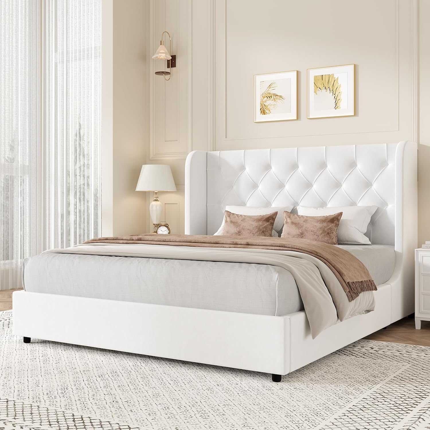 HOMBCK White Queen Bed Frame, Velvet Upholstered Platform Bed Frame with Headboard, Curved Wingback Design, Wooden Slats, No Box Spring, Noise Free, Easy Assembly