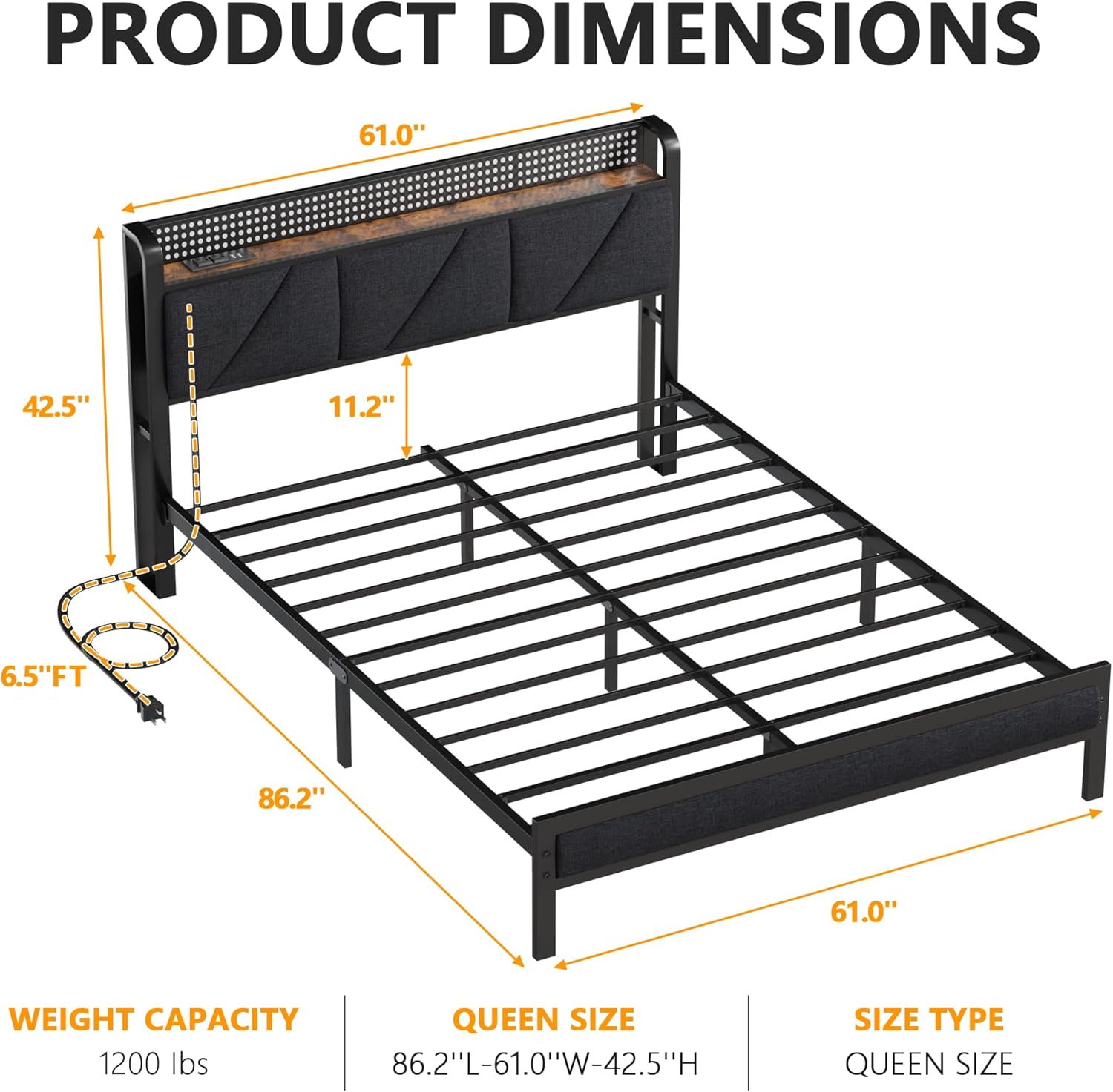 Furnulem Queen Bed Frame with Headboard and Storage Shelf, LED Light and Charging Station, Metal Platform Bed with Heavy Duty Slats, No Box Spring Needed, Noise Free & Easy Assembly
