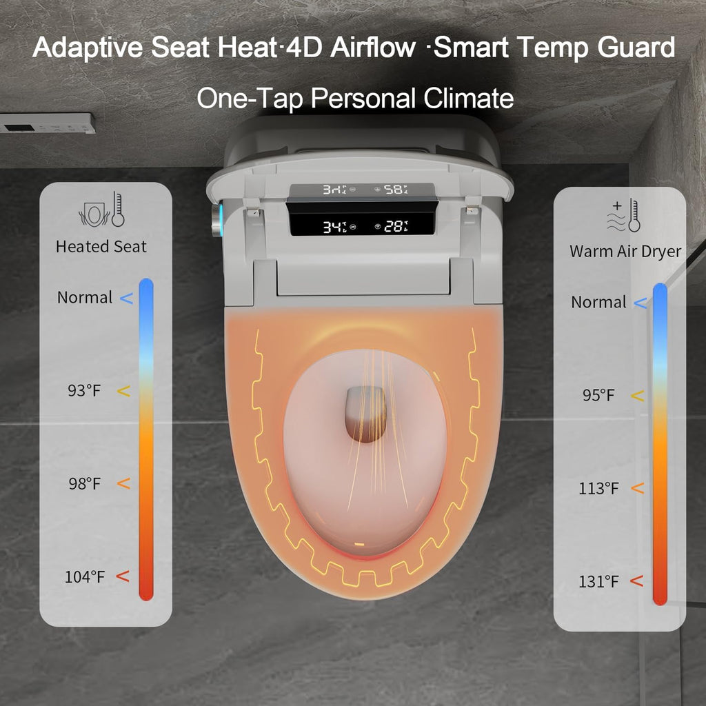 Smart Toilet Bidet with Foot Sensor Open Cover,Seat, Self Cleaning Nozzle, LED Display, Three Level Heated Seat,Airflow, Night Light, Knob Control, Soft Close, Auto Flush, with Remote Control