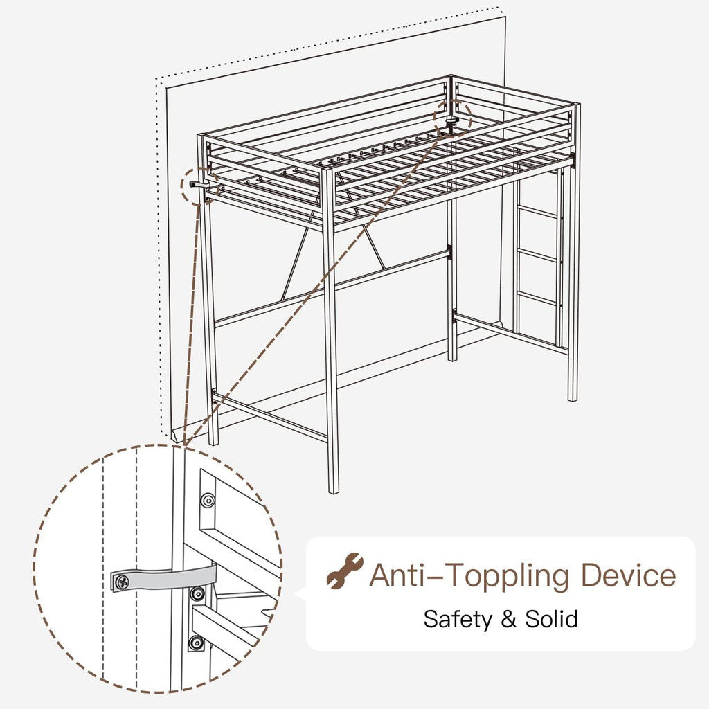 ikalido Metal Loft Bed Twin Size with Safety Guardrail and Ladder, No Box Spring Needed Space Saving Bedroom Furniture, Matte Black