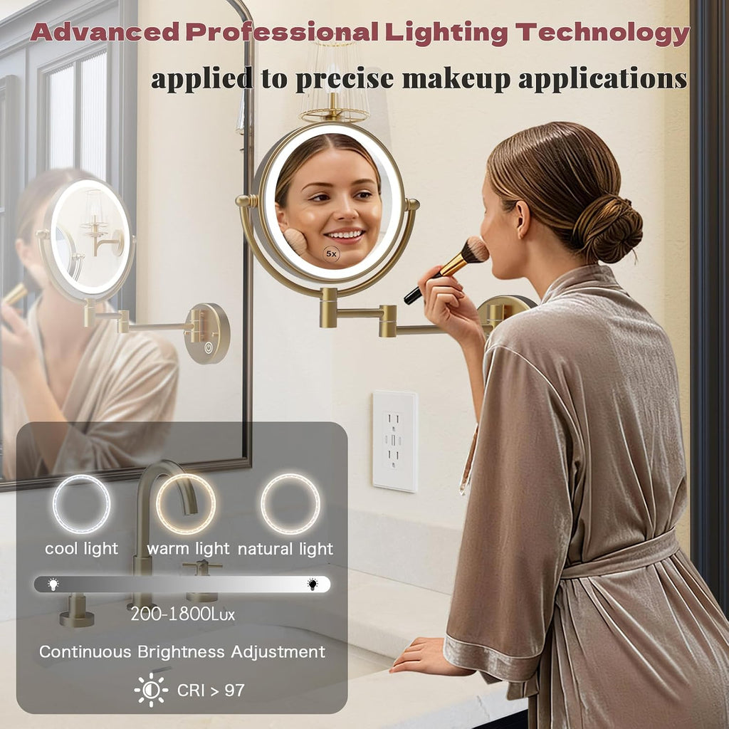8' Rechargeable Brass 1X/5X Makeup Magnifying Mirror Wall Mount with Light, Upgraded 3-Colors Bright LED Touch Dimmable Extended Arm 360 Rotation for Bathroom, Brushed Modern Brass