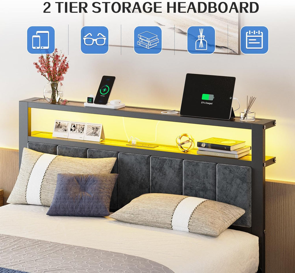 Liians Full Size Platform Bed Frame with LED Lights, Charging Station, Grey Upholstered Headboard with 2-Tier Storage Shelves, Noise Free, No Box Spring Needed