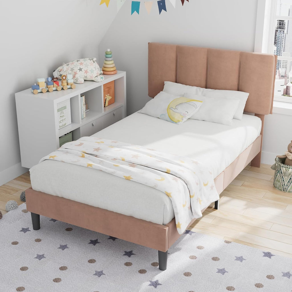 VECELO Twin Size Bed Frame with Upholstered Headboard, Heavy-Duty Bedframe with Wooden Slats & Steel Framework, Easy Assembly, Coffee