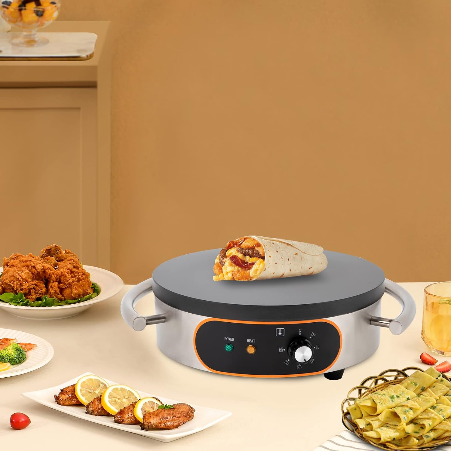 16Inch Electric Crepe Maker Pancake Maker, 1500W Stainless Steel Non-stick Pan Griddle Machine, 50℃-300℃ Adjustable Temperature, Electric Single Pan Crepe Maker for Kitchen, Snack Stall