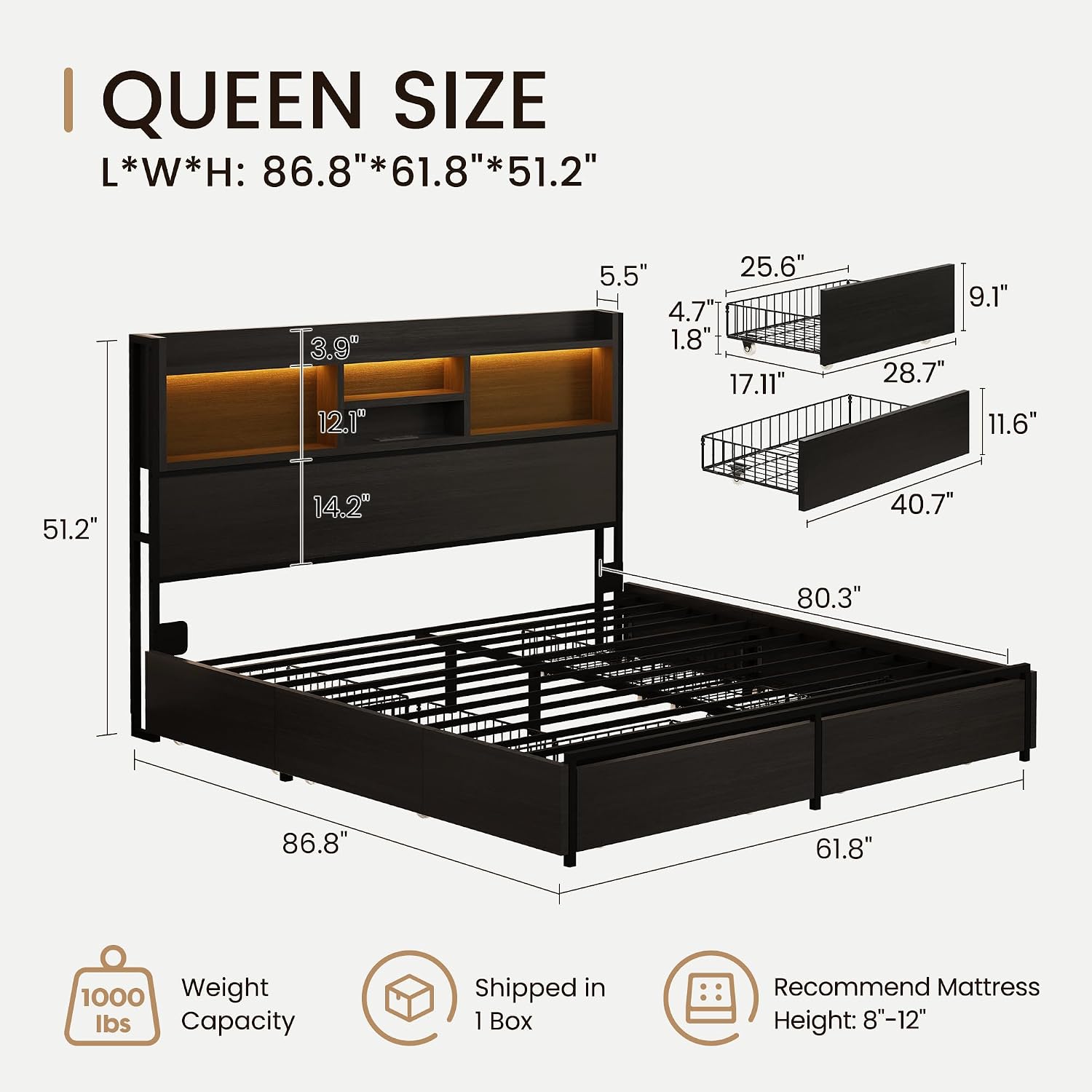 BRELTAM Queen Storage Bed Frame with 6 Drawers, USB Charging Station, No Noise, No Box Spring Required, Vintage Black Headboard Platform Bed