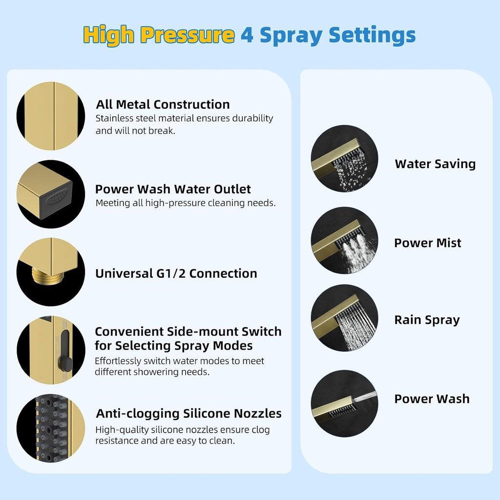 Hibbent All Metal cUPC Certified Shower Head, 10'' High Pressure Rainfall Shower Head Combo, Handheld Shower Wand, 12'' Adjustable Extension Arm, 4-Spray, 71'' Hose, Shower Holder, Brushed Gold