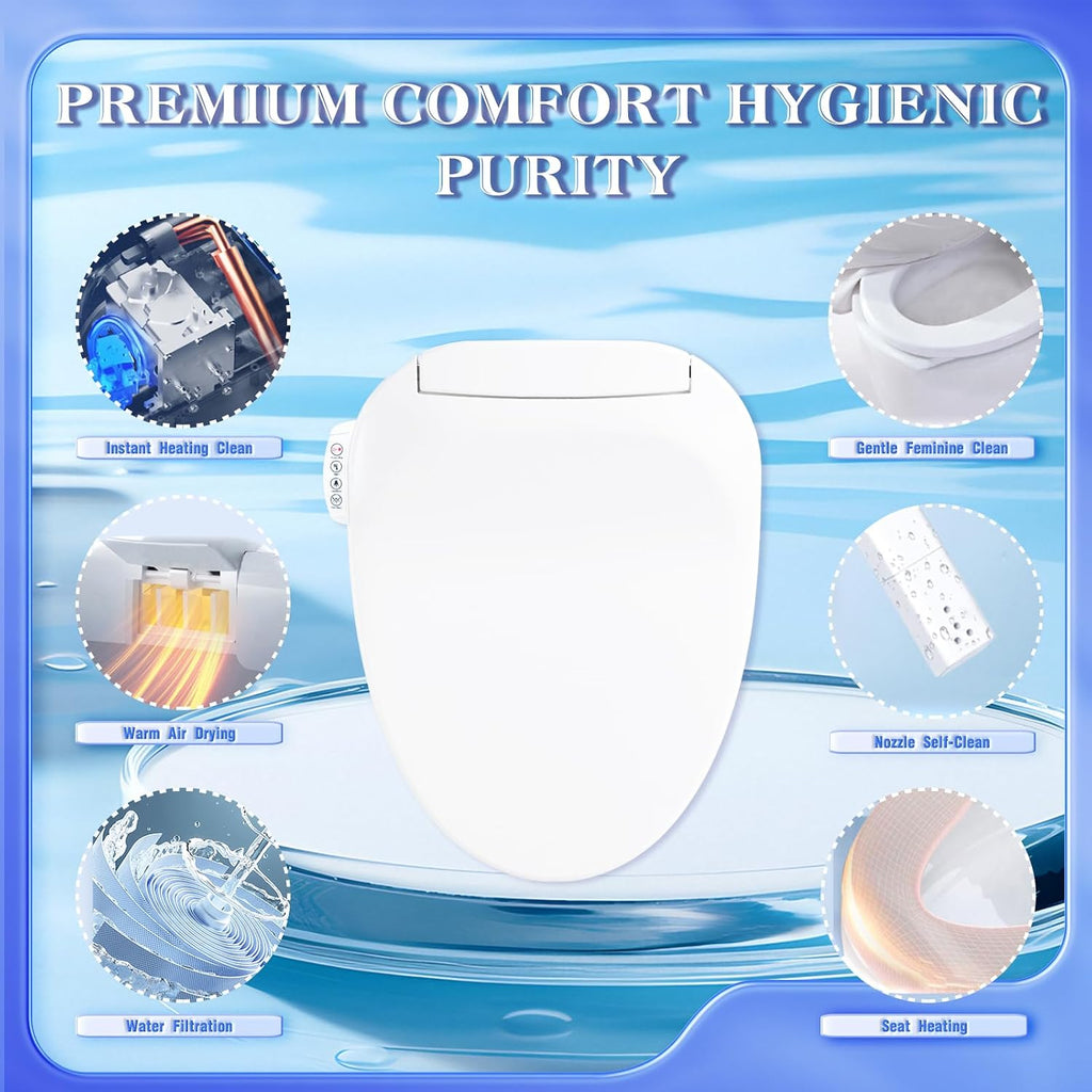 Smart Toilet Seat with Remote Control, Istinja Compatible, Instant Warm Water, 3D Heated Seat, Dual Nozzle Wash, Massage, Dryer, LED Light, Slow Close, Elongated