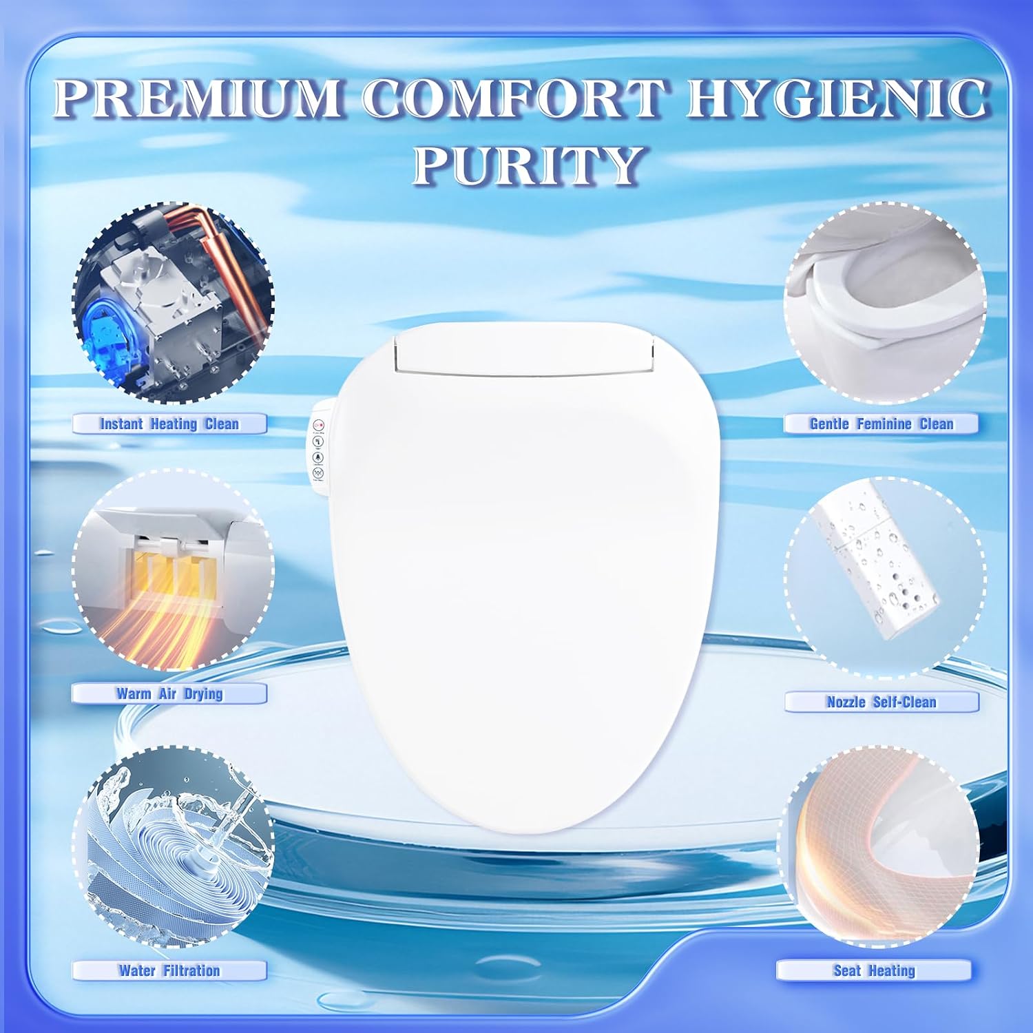 Smart Toilet Seat with Remote Control, Istinja Compatible, Instant Warm Water, 3D Heated Seat, Dual Nozzle Wash, Massage, Dryer, LED Light, Slow Close, Elongated