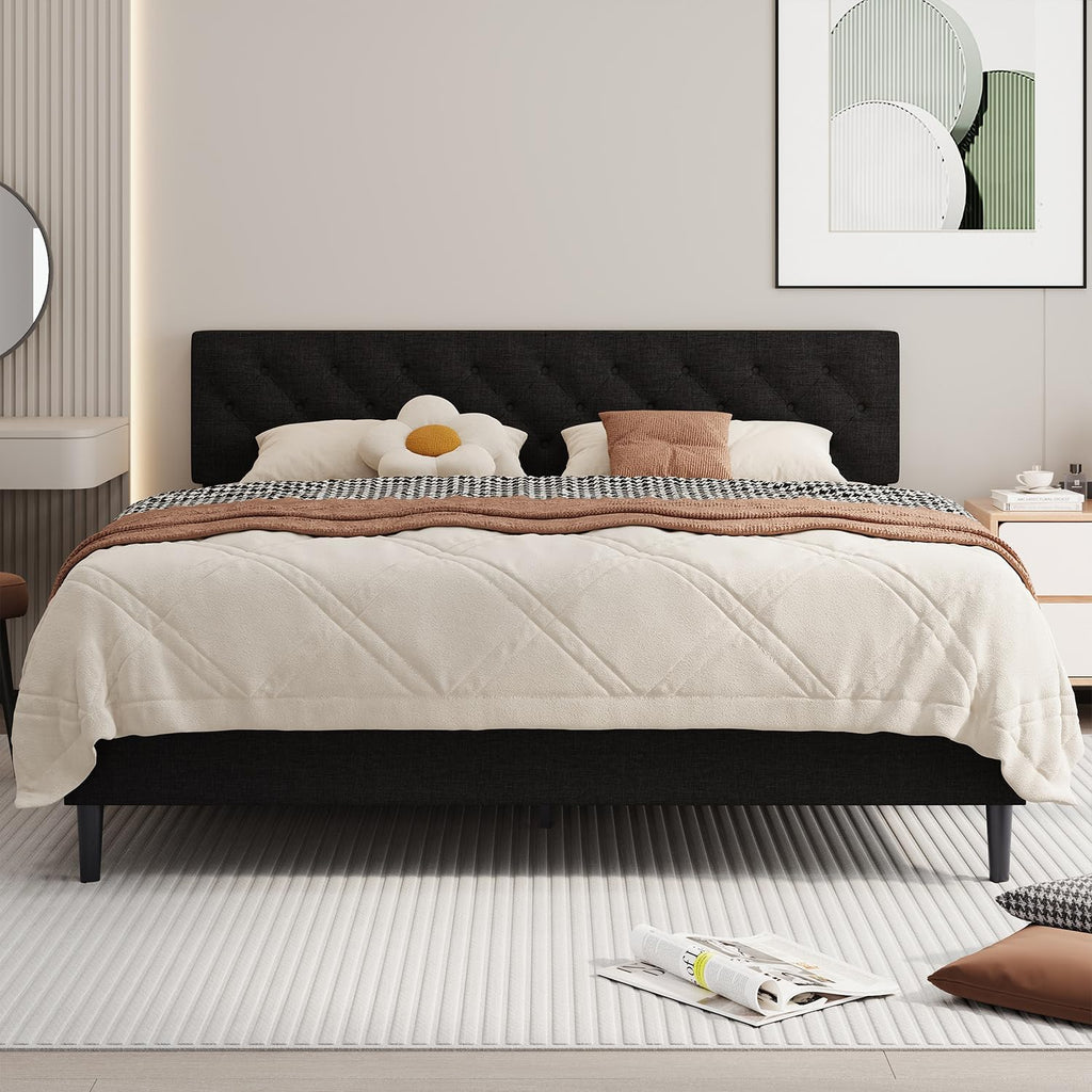 BarnFurin King Bed Frame, Upholstered Platform Bed with Button Tufted Headboard, Fabric Bed Frame with Wooden Slats Support, No Box Spring Required, Easy Assembly, Black