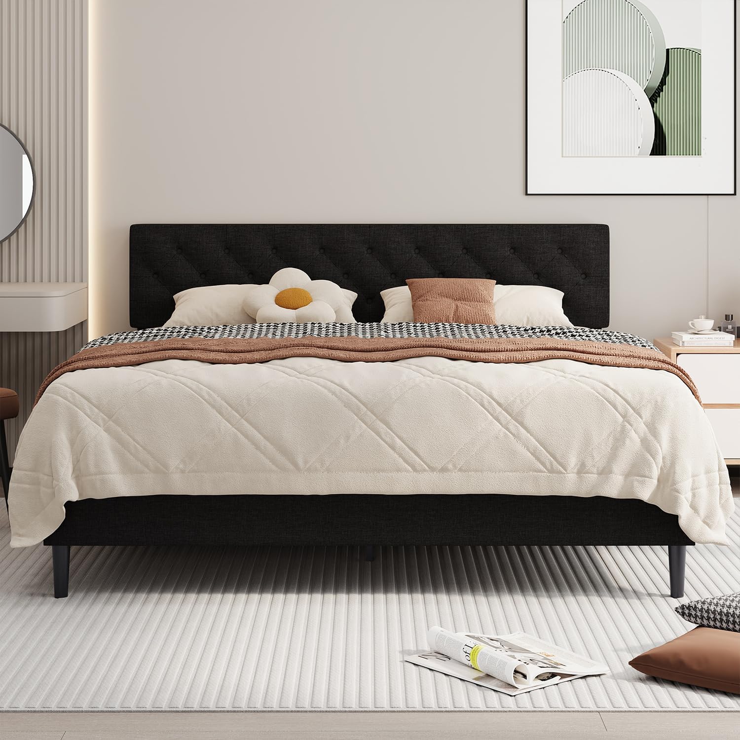 BarnFurin King Bed Frame, Upholstered Platform Bed with Button Tufted Headboard, Fabric Bed Frame with Wooden Slats Support, No Box Spring Required, Easy Assembly, Black